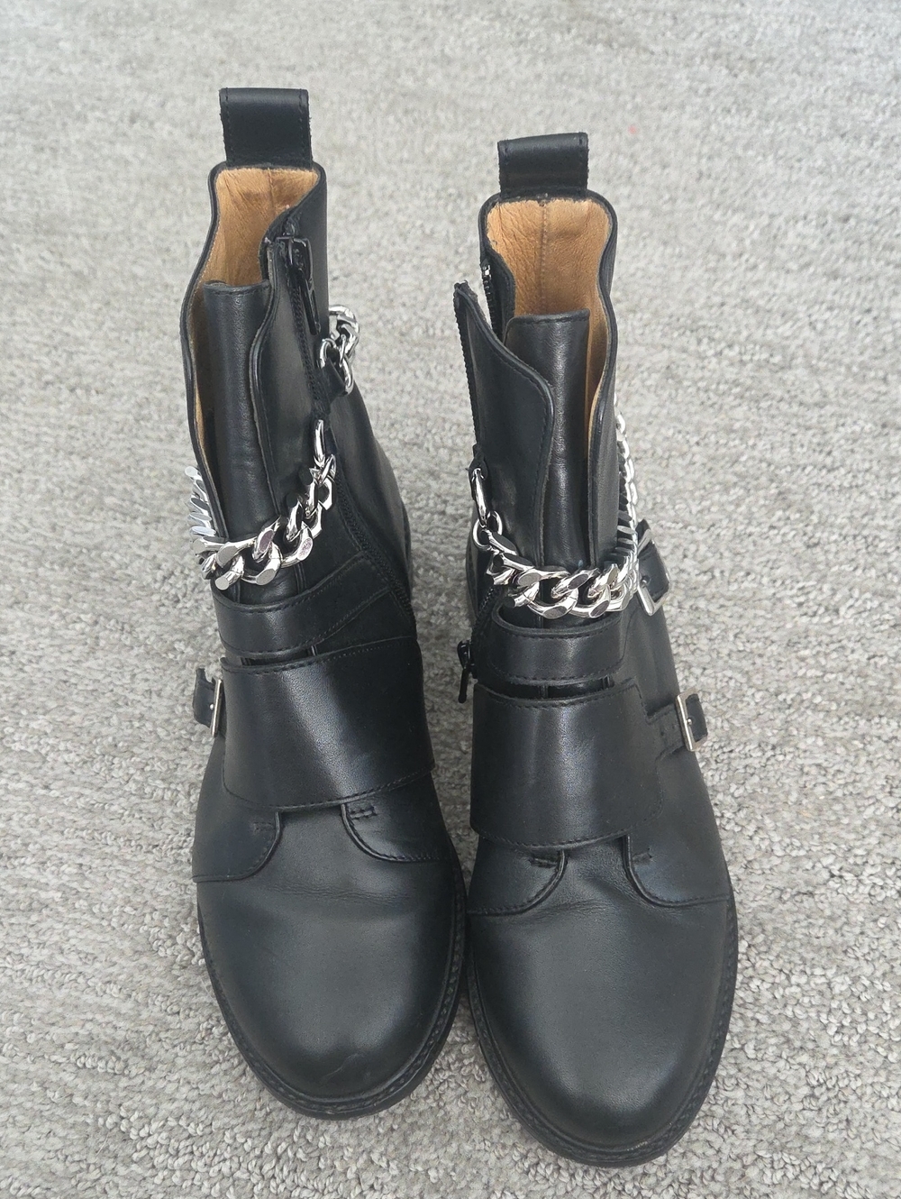Maje Black Leather Ankle Boots with Silver Chain